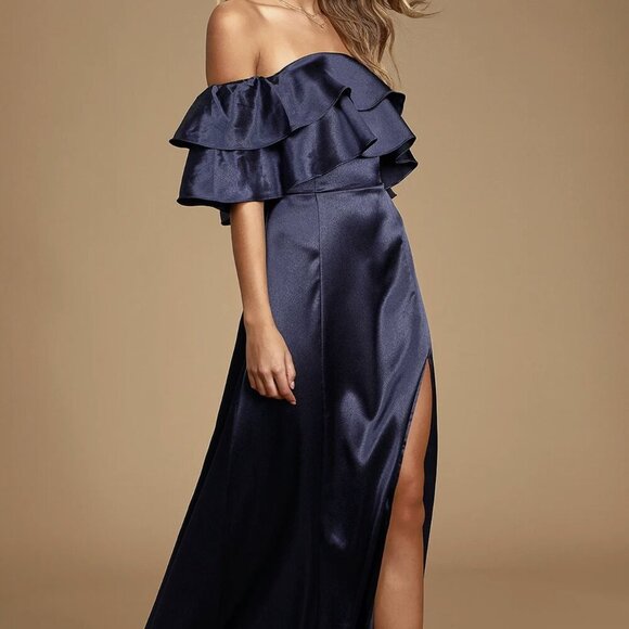 NWT Lulus Pure Happiness Navy Blue Satin Off-the-Shoulder Maxi Dress - Picture 3 of 8